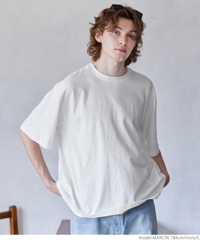 セール★1490円→990円 Tシャツ メンズ フットボールT 後ろ切り替え カバーステッチ ビッグシルエット クルーネック ミディアム丈 無地 半袖 メール便不可 24ss coca コカ